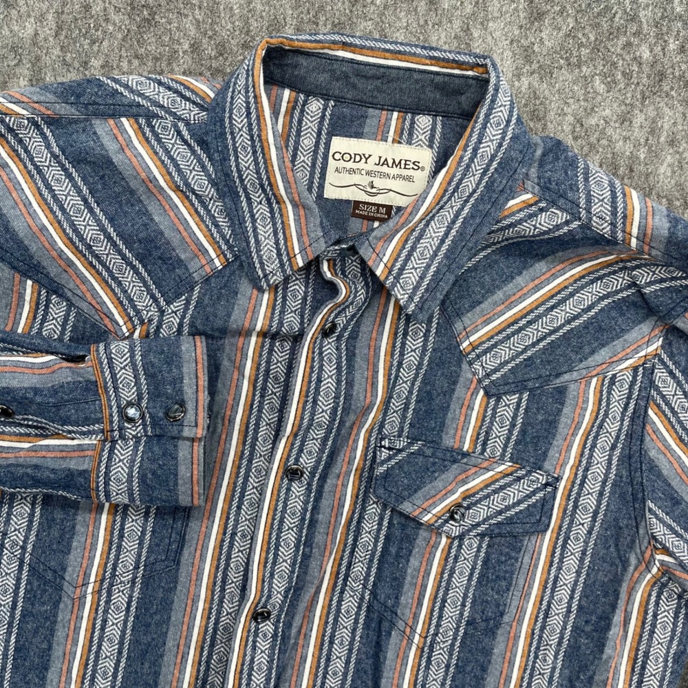 Cody James Shirt Mens Medium Blue Geometric Stripe Western Pearl Snap Flannel